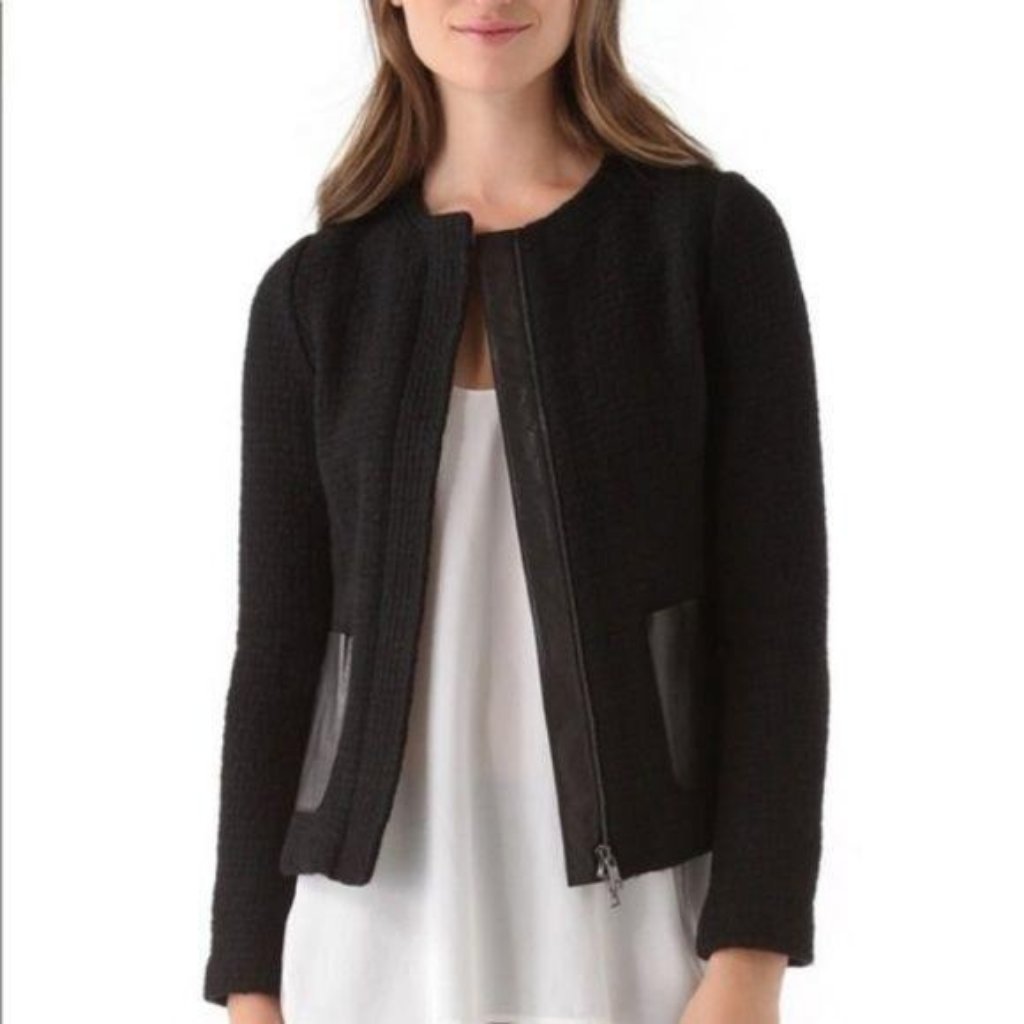 Vince Collarless Tweed Jacket W Leather Pockets